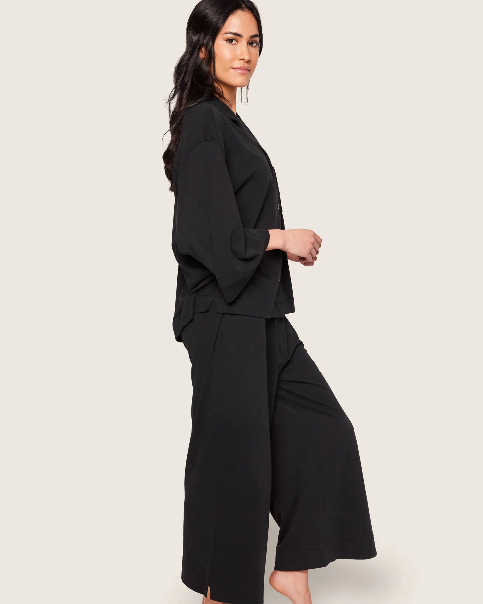 Women Petite Plume The Olivia Wide Leg Pima Pajama Set in Black