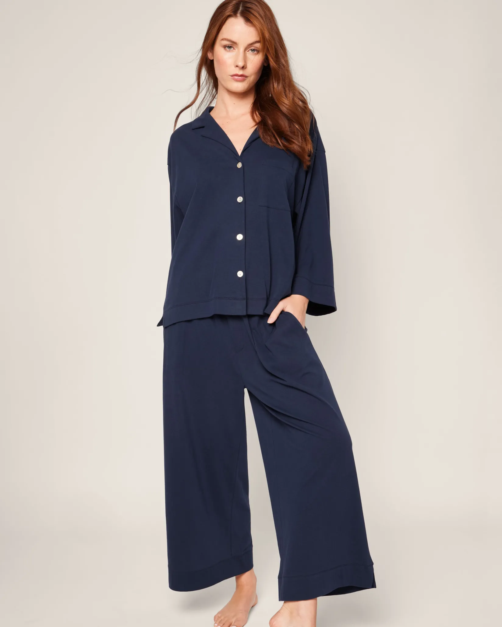 Women Petite Plume The Olivia Wide Leg Pima Pajama Set in Navy
