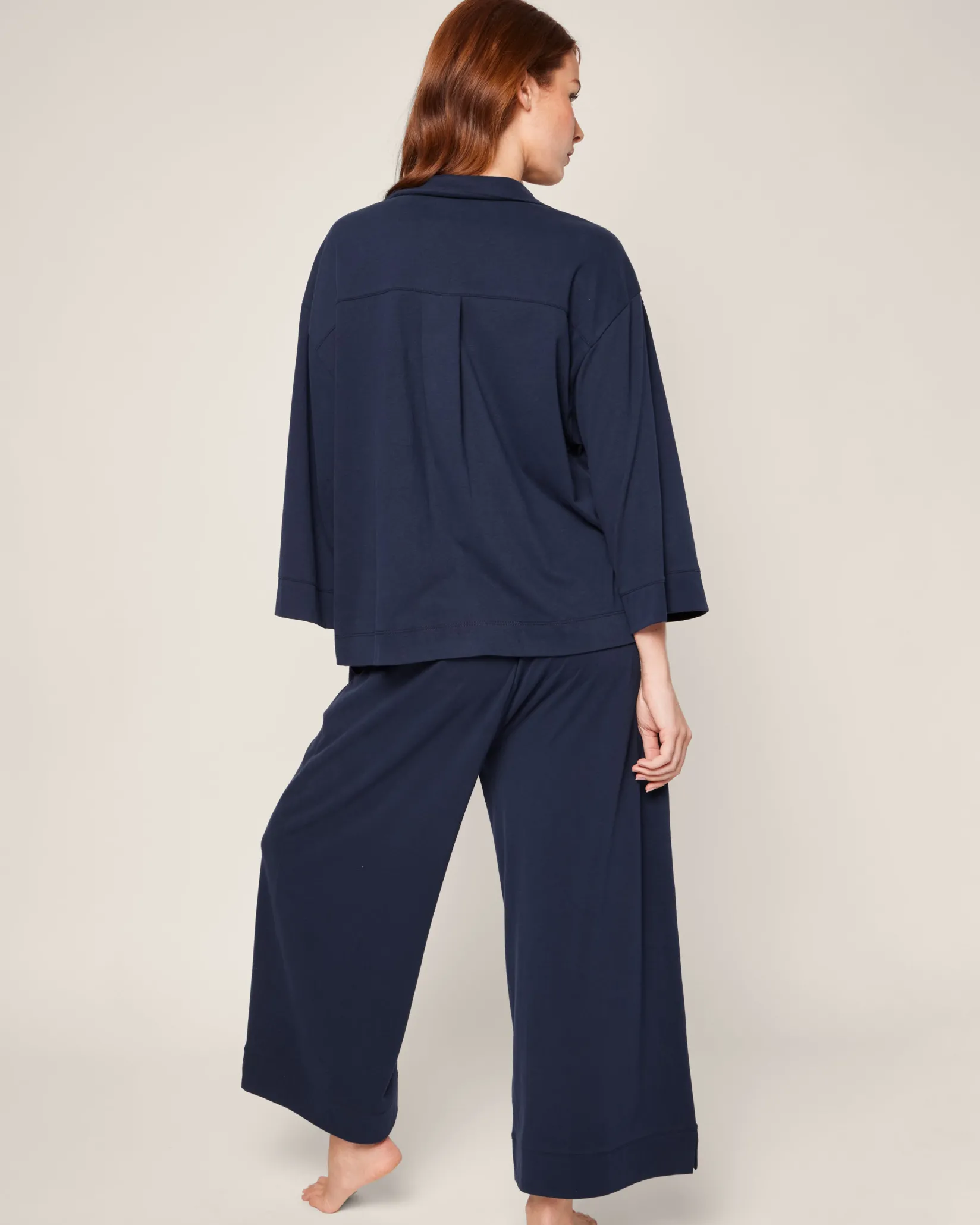 Women Petite Plume The Olivia Wide Leg Pima Pajama Set in Navy