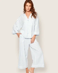 Women Petite Plume The Olivia Wide Leg Pima Pajama Set in Periwinkle Stripe
