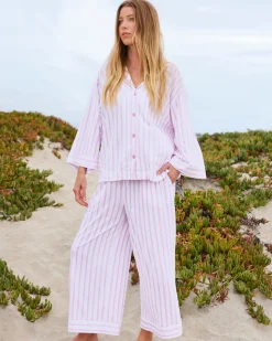 Women Petite Plume The Olivia Wide Leg Pima Pajama Set in Pink Stripe