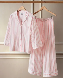 Women Petite Plume The Olivia Wide Leg Pima Pajama Set in Pink Stripe