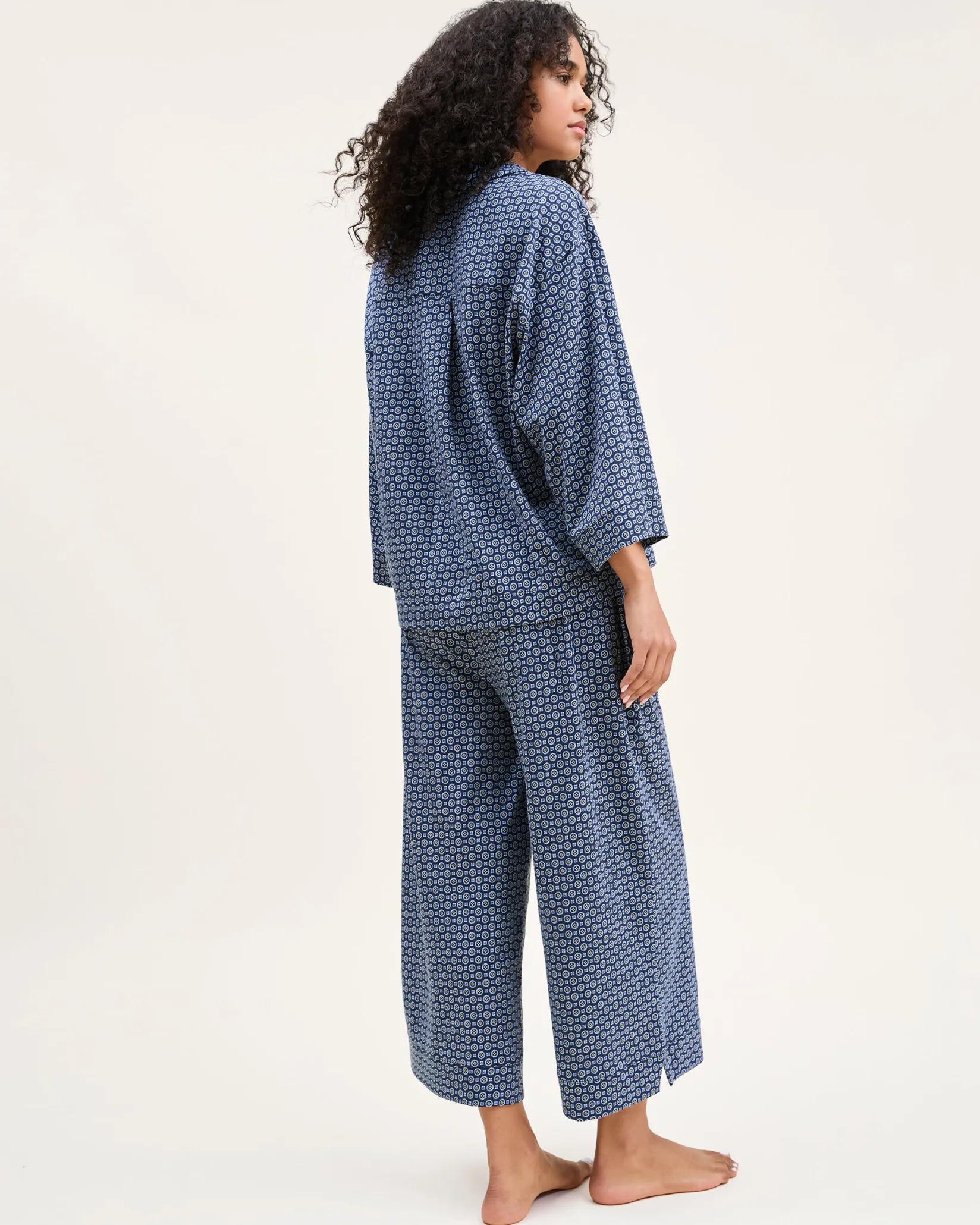 Women Petite Plume The Olivia Wide Leg Pima Pajama Set in Midnight Foulard