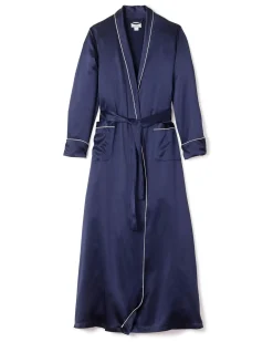 Women Petite Plume Women's Silk Long Robe in Navy