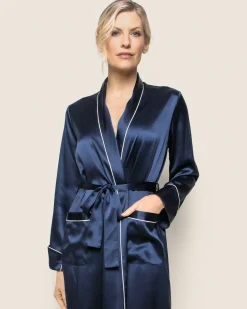 Women Petite Plume Women's Silk Long Robe in Navy