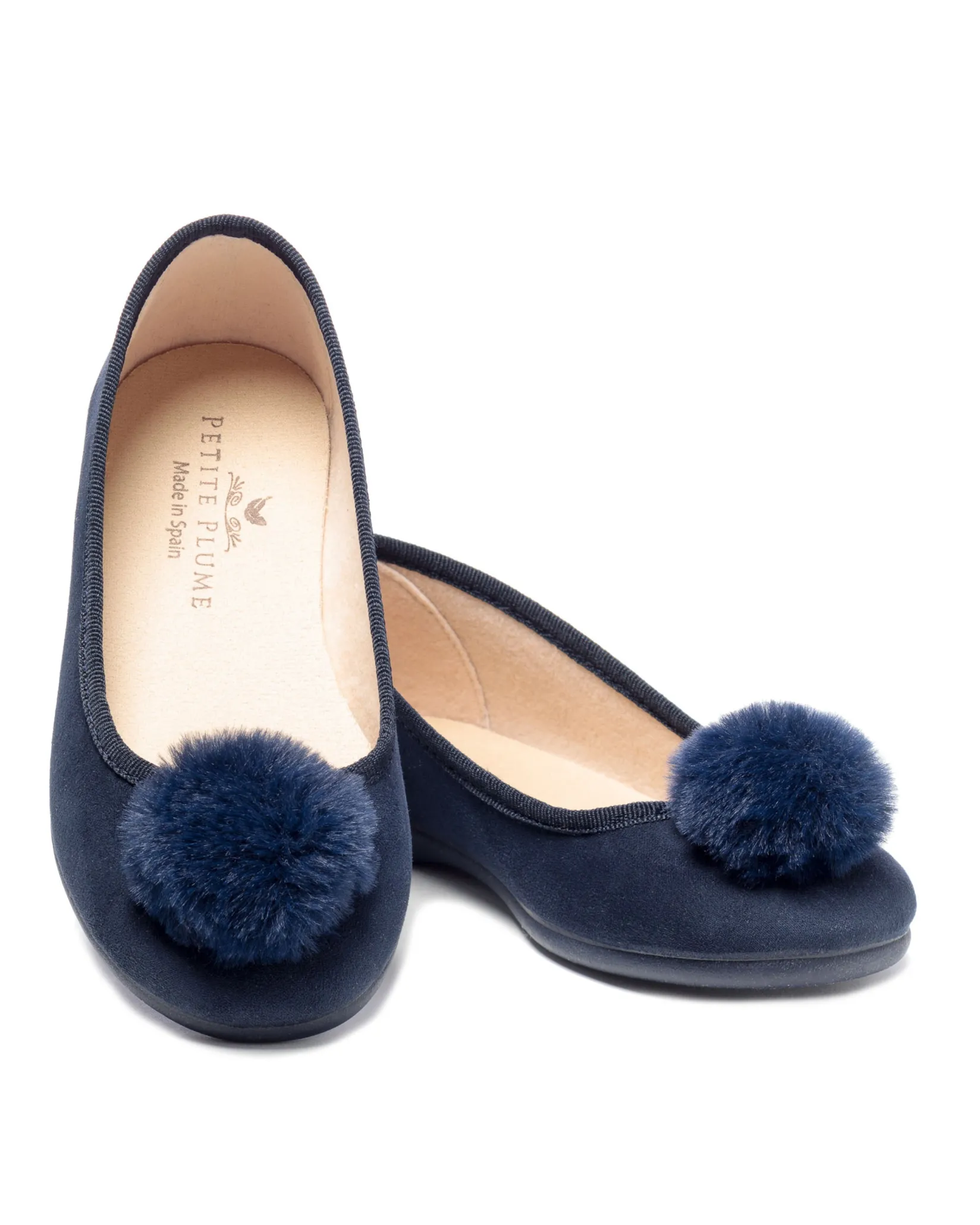 Women Petite Plume Women's Juliette Slipper in Navy Suede with a Festive Pom