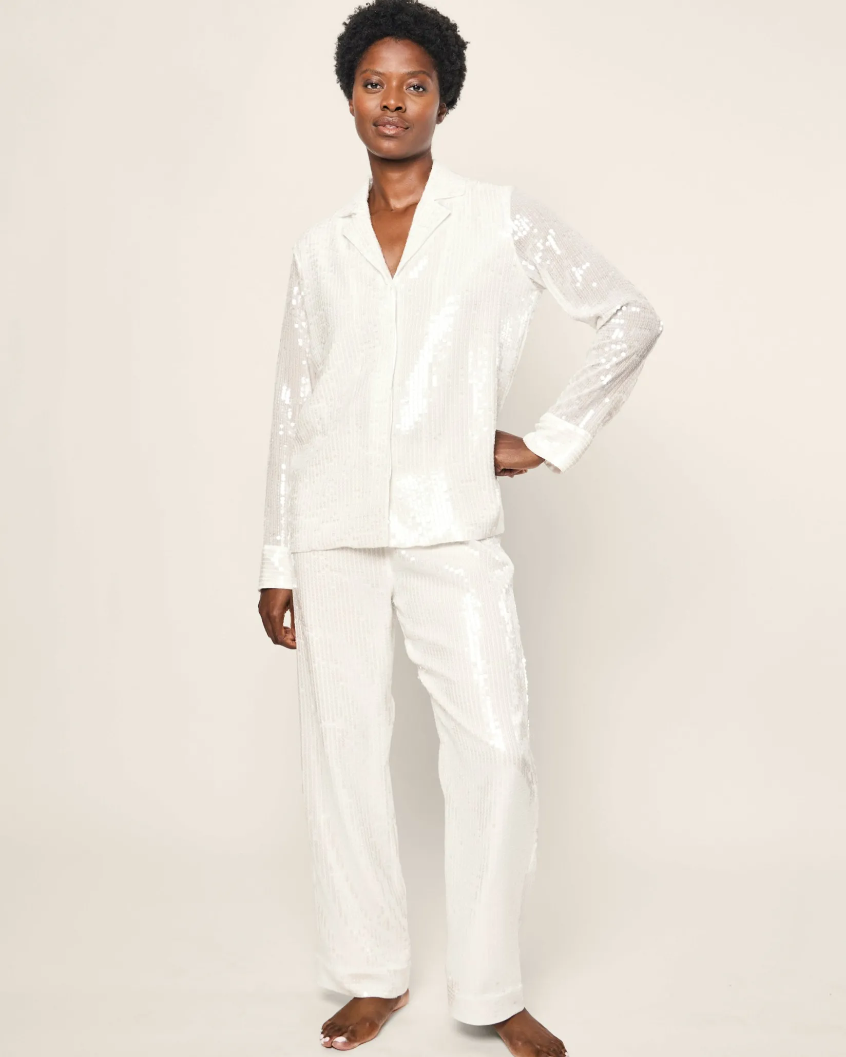 Women Petite Plume Women's Pajama Set in White Sequins