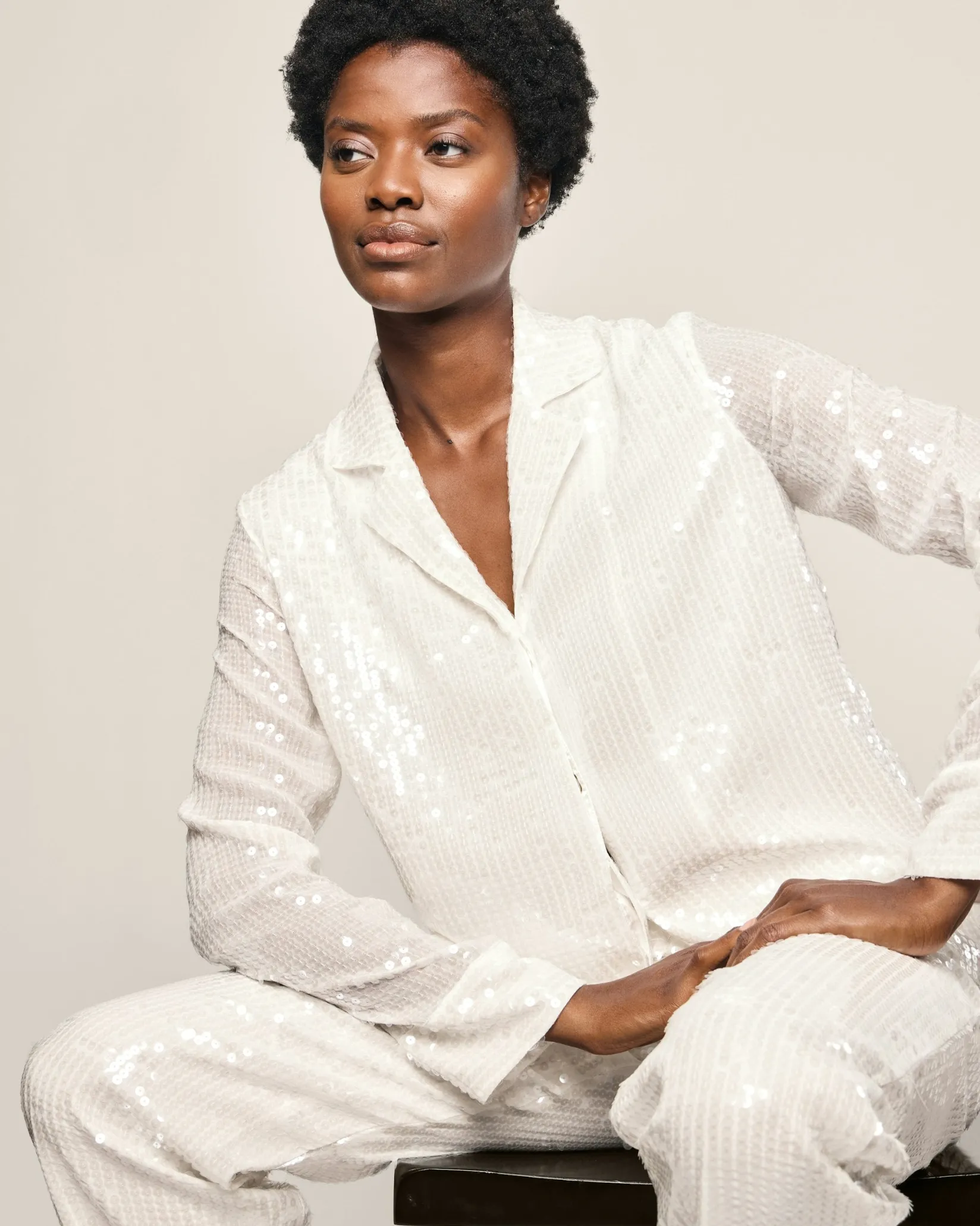 Women Petite Plume Women's Pajama Set in White Sequins