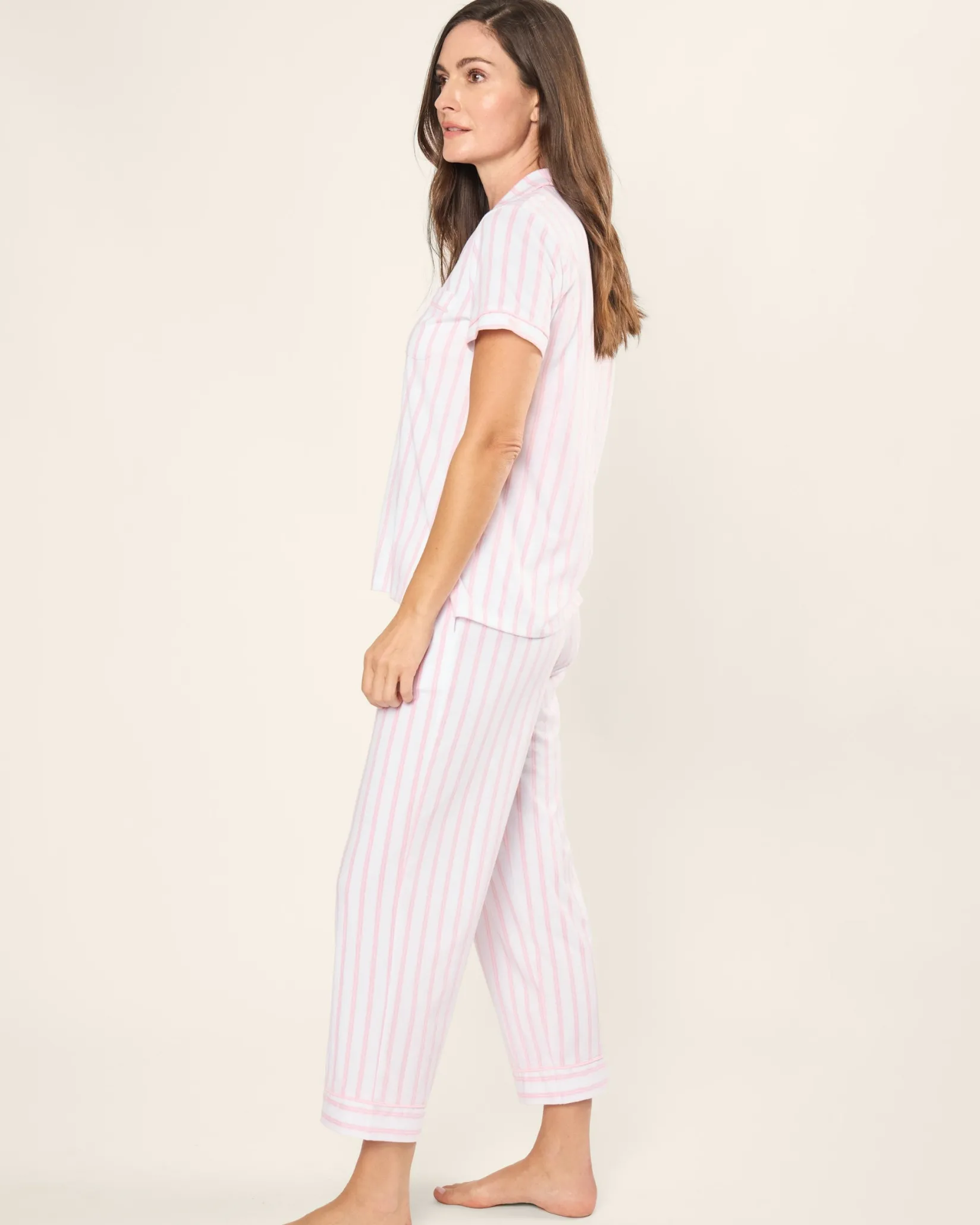Women Petite Plume Women's Pima Crop Set in Pink and White Stripe