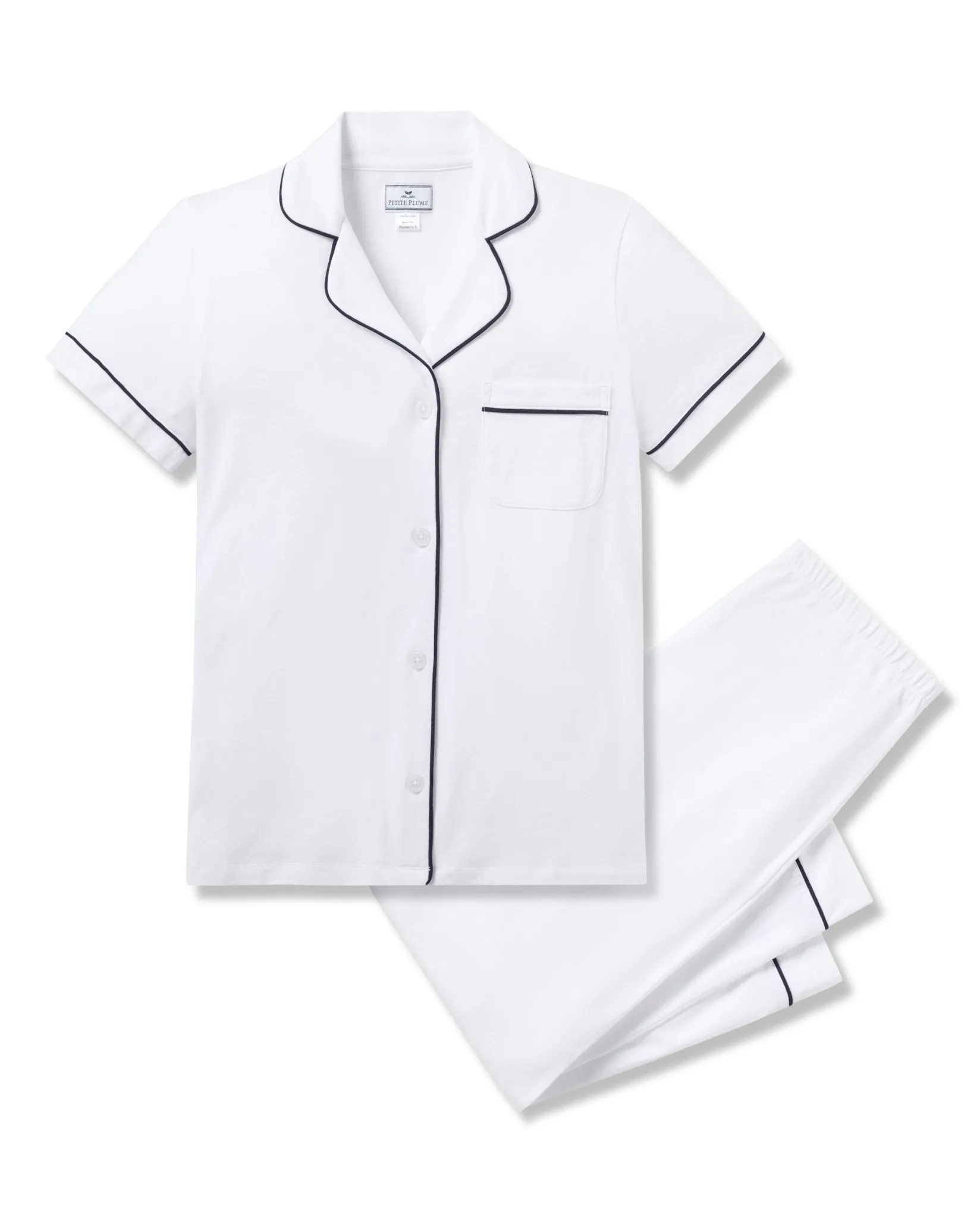 Women Petite Plume Women's Pima Crop Set in White with Navy Piping