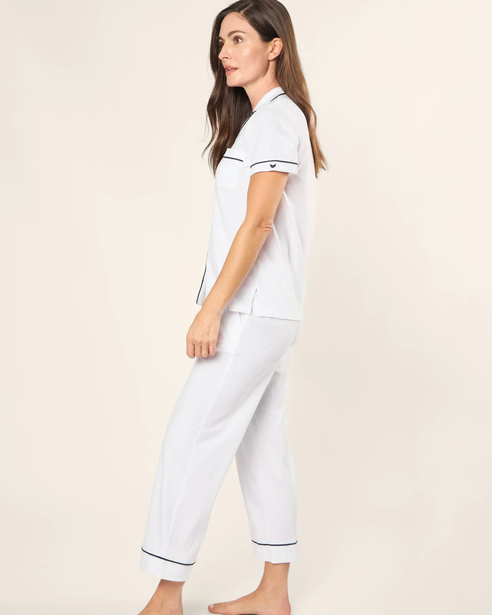 Women Petite Plume Women's Pima Crop Set in White with Navy Piping
