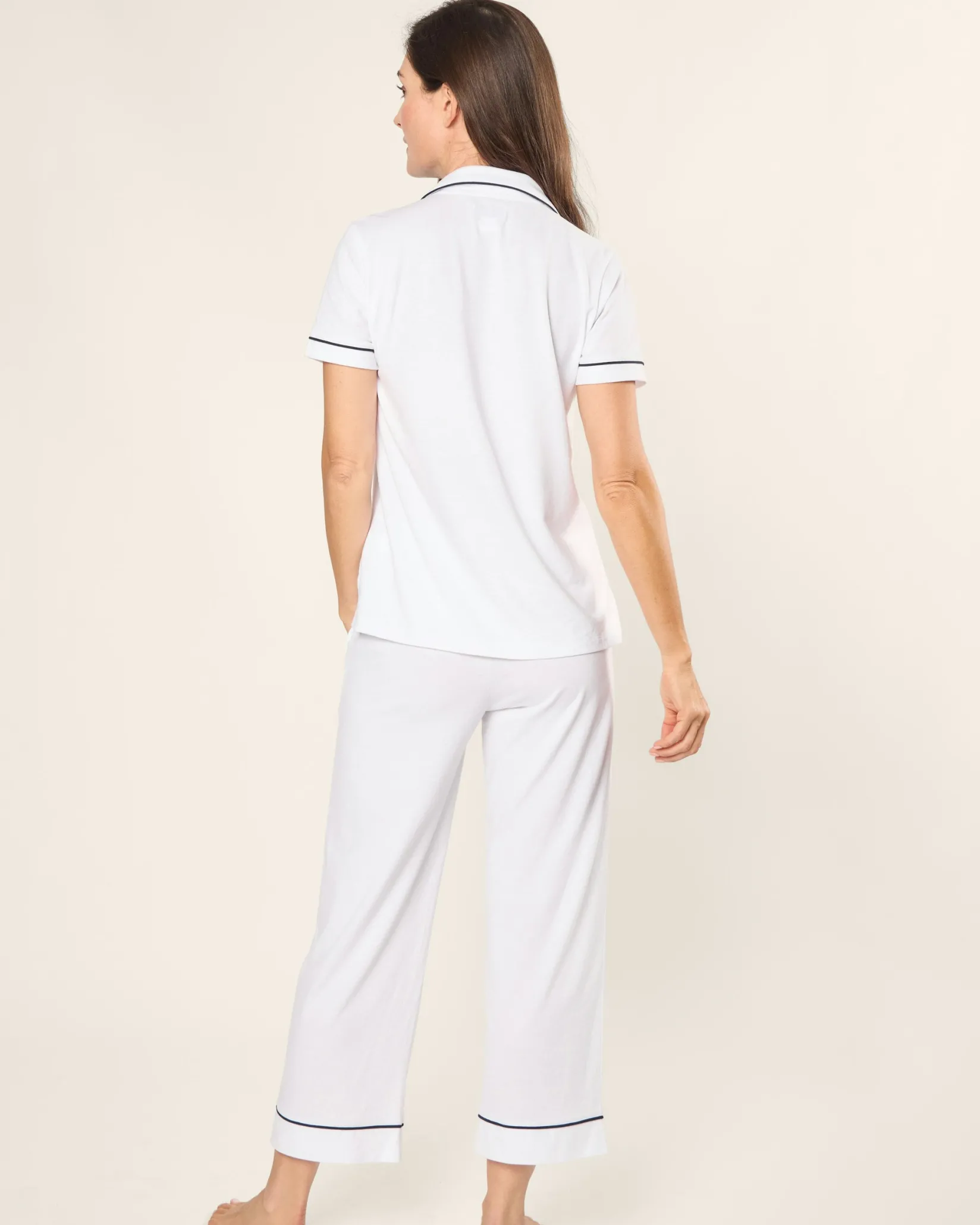 Women Petite Plume Women's Pima Crop Set in White with Navy Piping