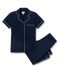Women Petite Plume Women's Pima Crop Set in White with Navy Piping