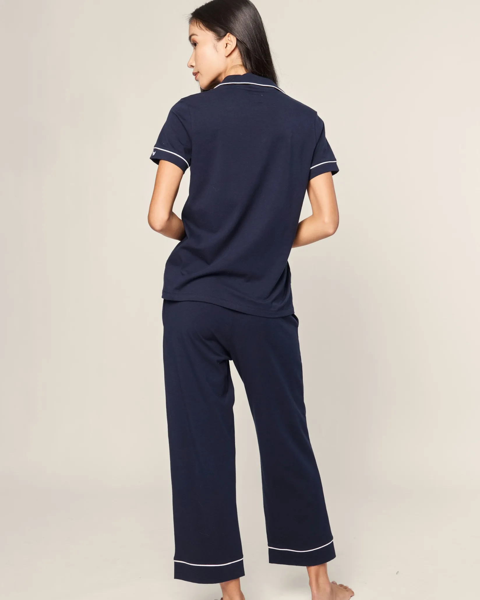 Women Petite Plume Women's Pima Crop Set in White with Navy Piping