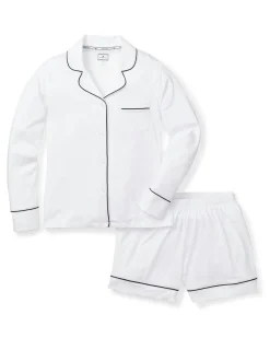Women Petite Plume Women's Pima Long Sleeve Short Set in White with Black Piping