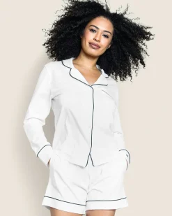 Women Petite Plume Women's Pima Long Sleeve Short Set in White with Black Piping