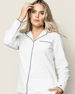 Women Petite Plume Women's Pima Long Sleeve Short Set in White with Black Piping