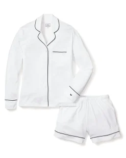 Women Petite Plume Women's Pima Long Sleeve Short Set in White with Navy Piping