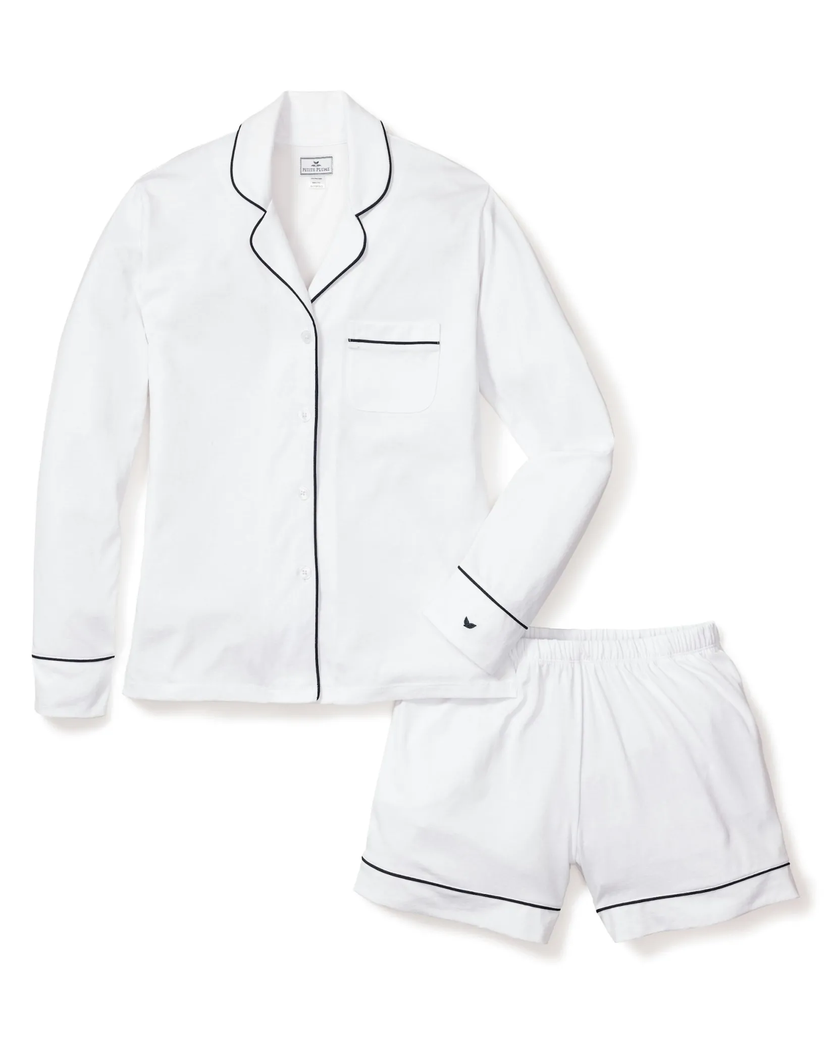 Women Petite Plume Women's Pima Long Sleeve Short Set in White with Navy Piping