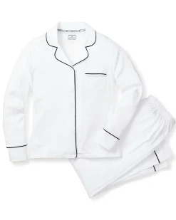 Women Petite Plume Women's Pima Pajama Set in White with Black Piping