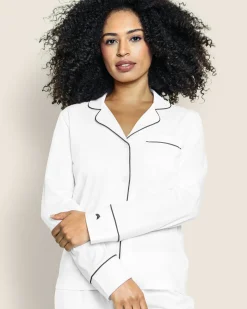 Women Petite Plume Women's Pima Pajama Set in White with Black Piping