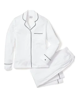 Women Petite Plume Women's Pima Pajama Set in White with Black Piping
