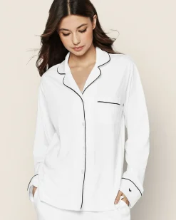 Women Petite Plume Women's Pima Pajama Set in White with Black Piping