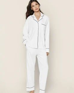 Women Petite Plume Women's Pima Pajama Set in White with Navy Piping