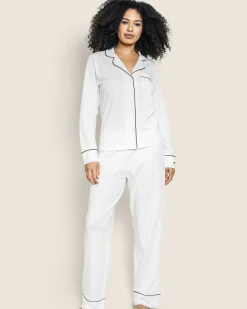 Women Petite Plume Women's Pima Pajama Set in White with Navy Piping
