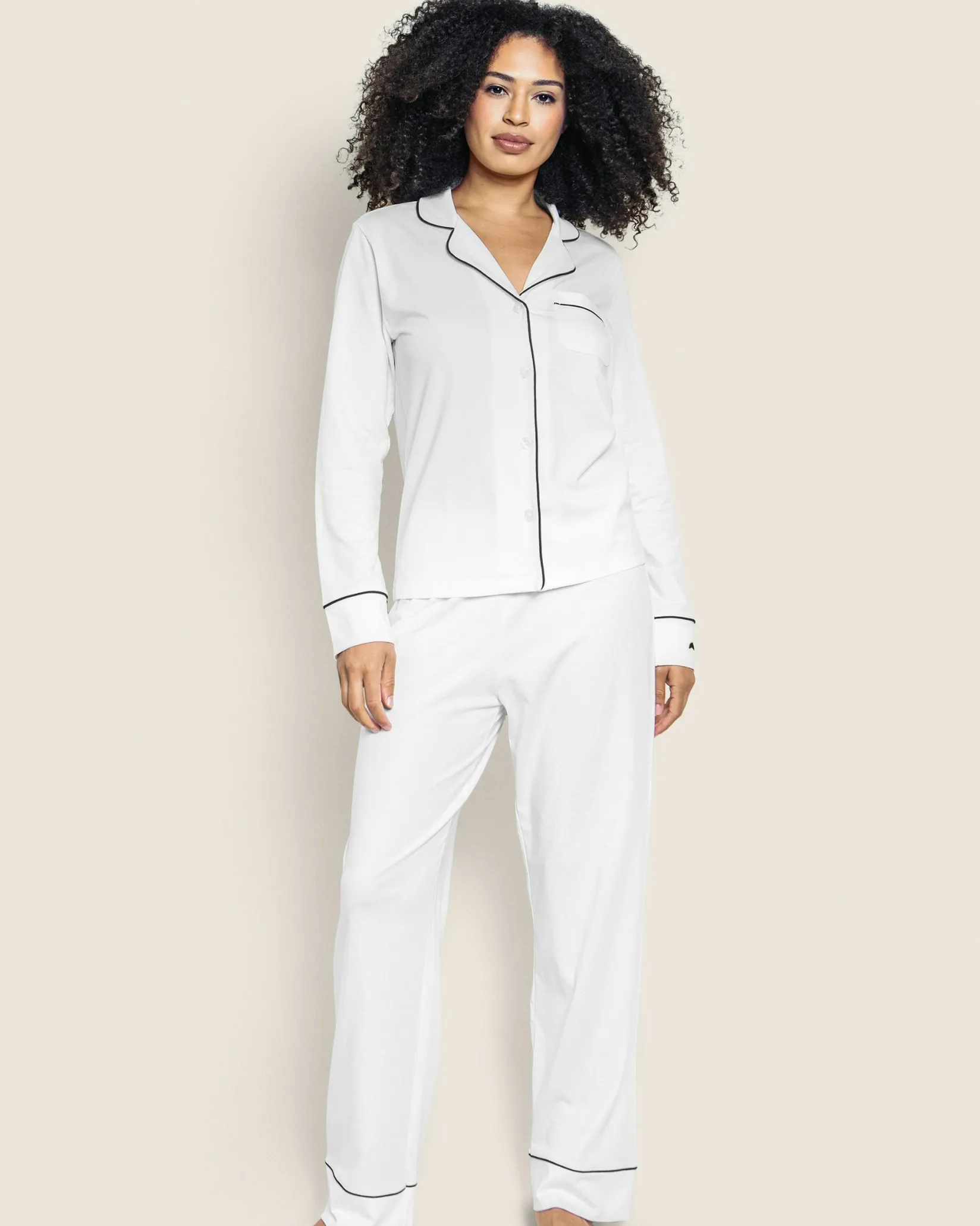 Women Petite Plume Women's Pima Pajama Set in White with Navy Piping