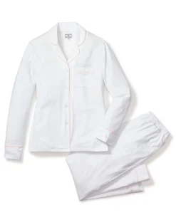 Women Petite Plume Women's Pima Pajama Set in White with Navy Piping