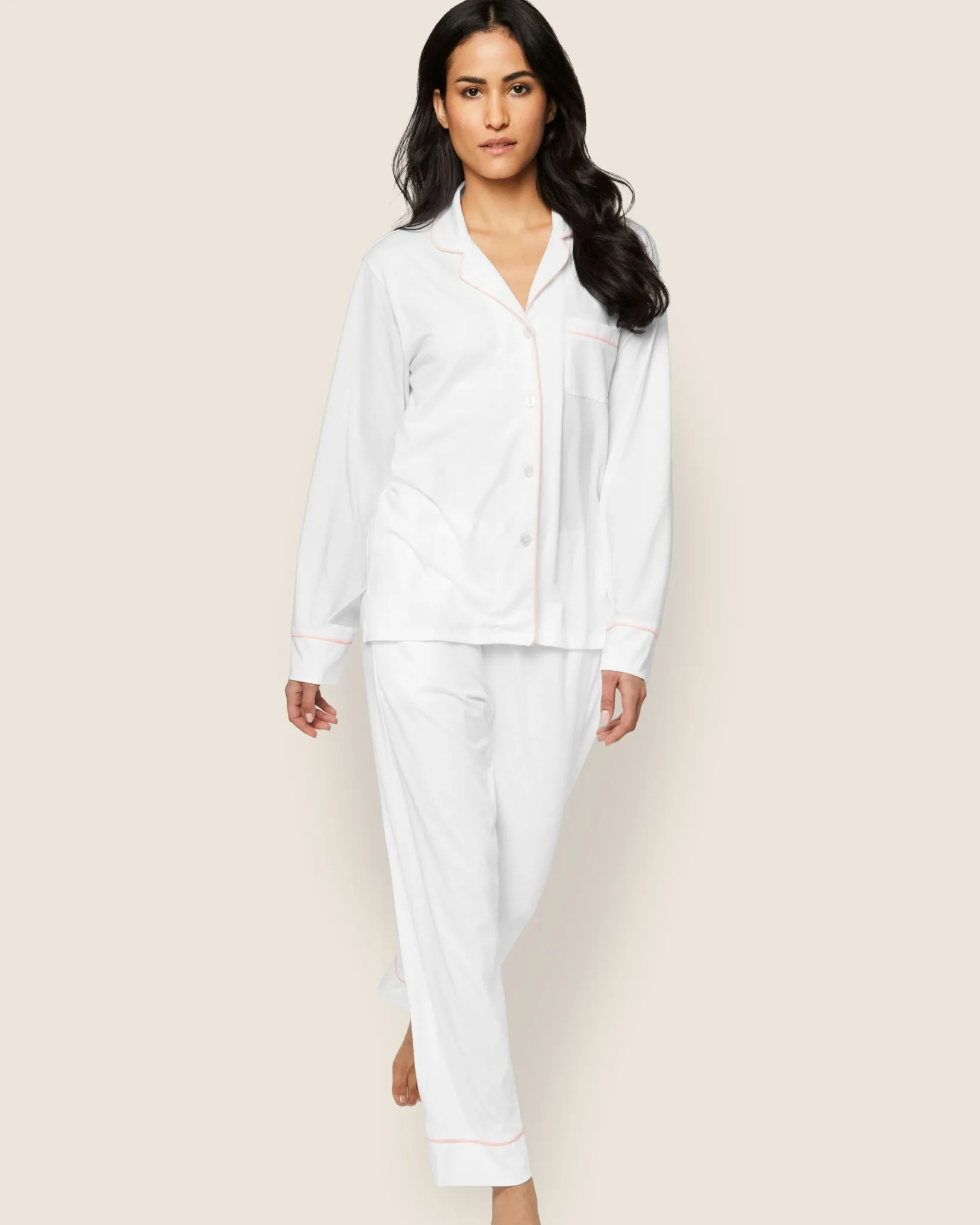 Women Petite Plume Women's Pima Pajama Set in White with Navy Piping