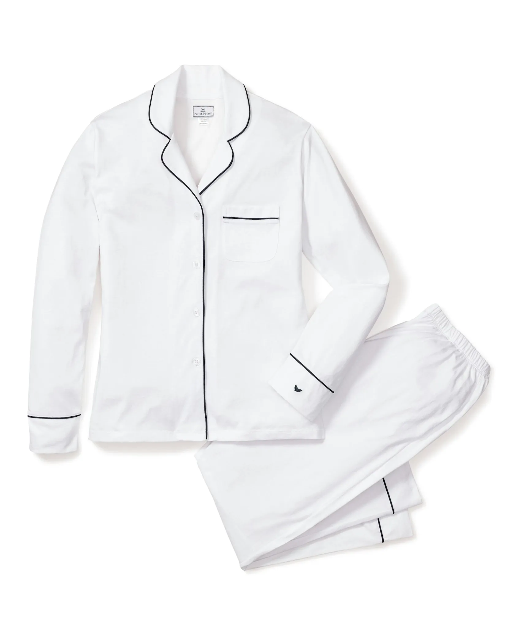Women Petite Plume Women's Pima Pajama Set in White with Pink Piping