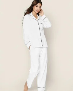 Women Petite Plume Women's Pima Pajama Set in White with Pink Piping