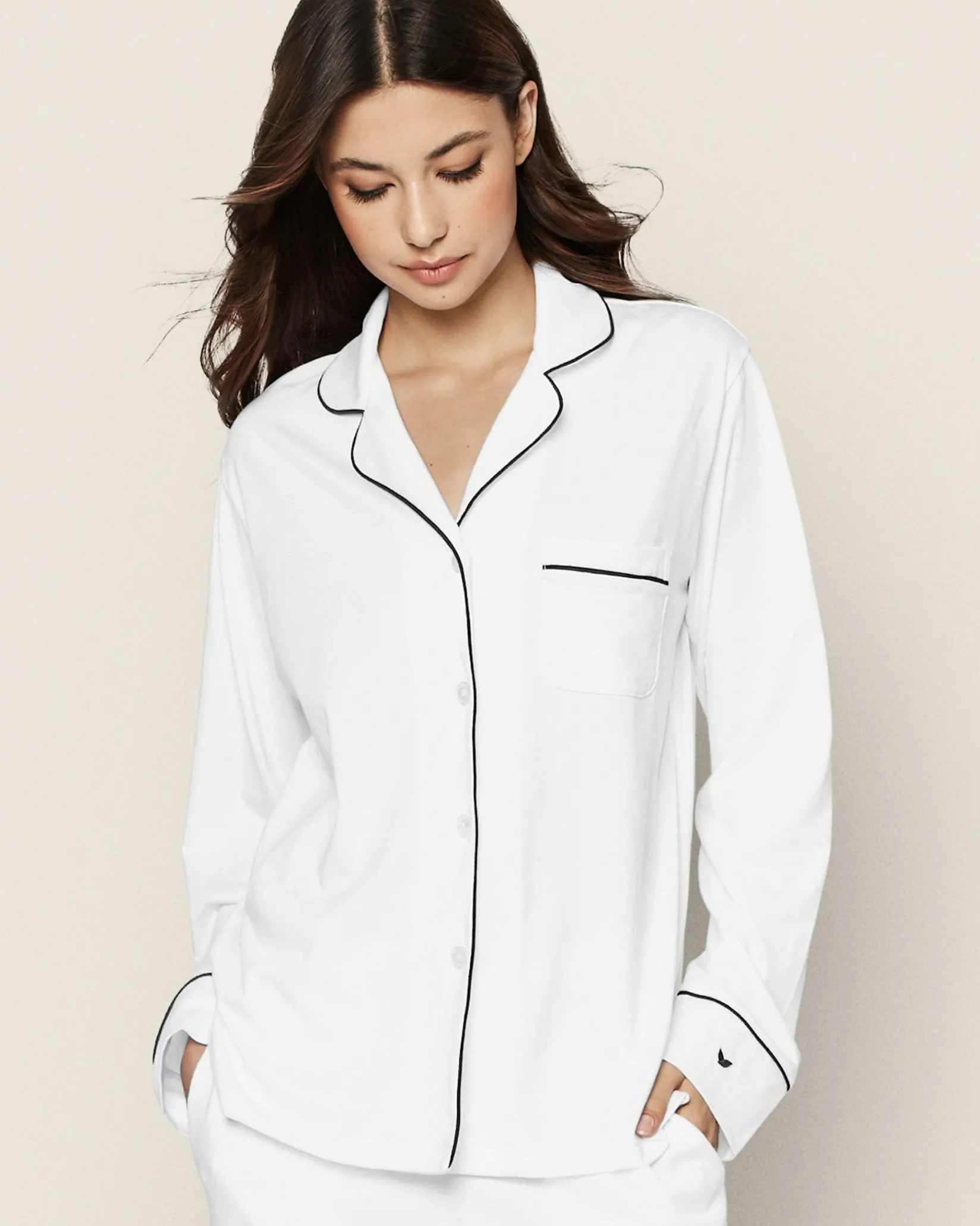 Women Petite Plume Women's Pima Pajama Set in White with Pink Piping