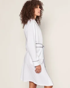 Women Petite Plume Women's Pima Robe in White with Navy Piping