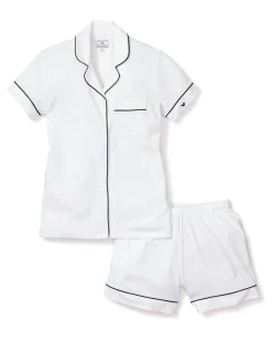 Women Petite Plume Women's Pima Short Sleeve Short Set in White with Navy Piping