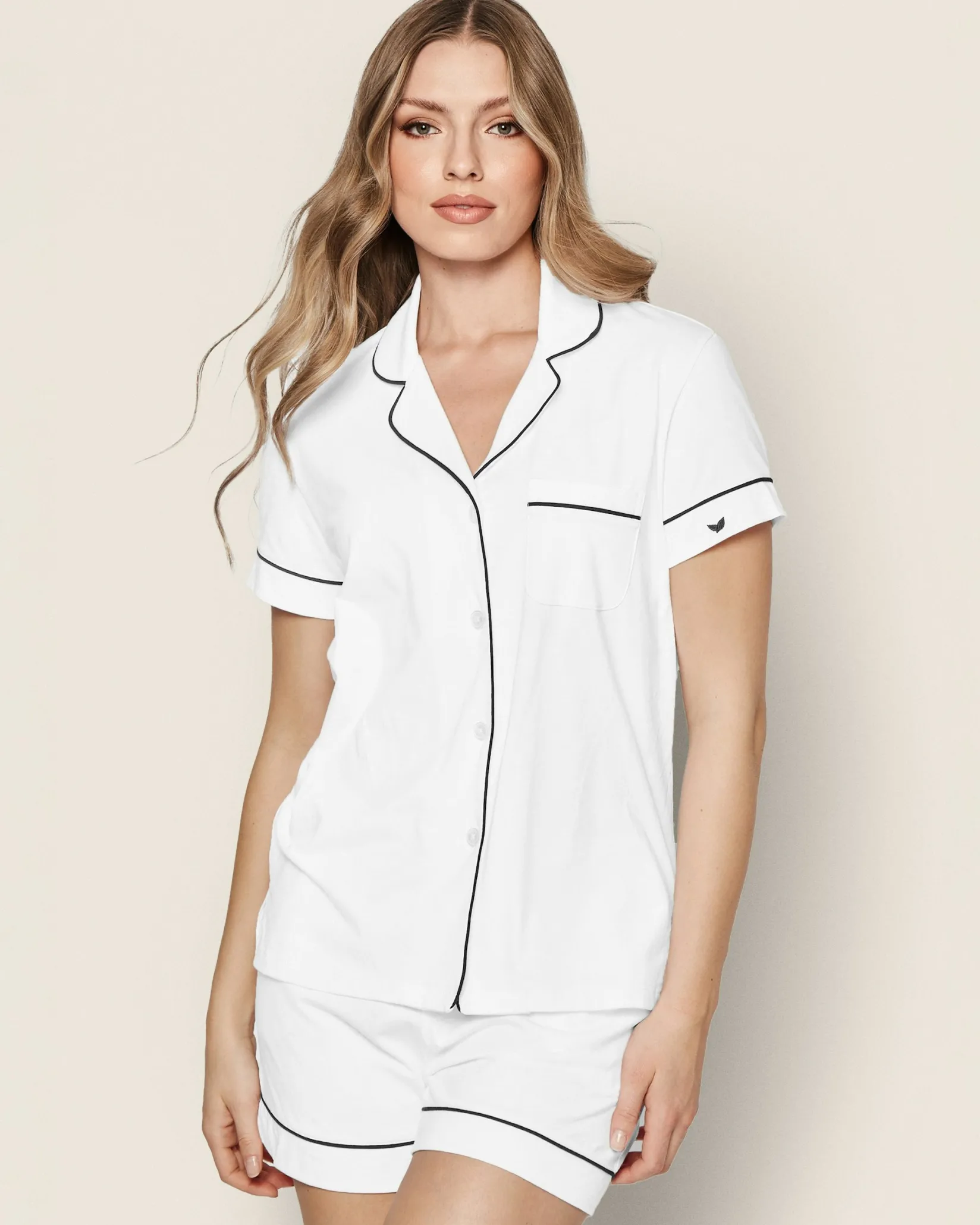 Women Petite Plume Women's Pima Short Sleeve Short Set in White with Navy Piping