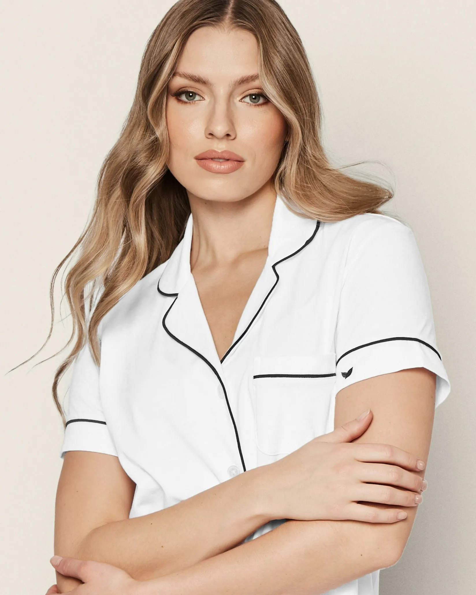 Women Petite Plume Women's Pima Short Sleeve Short Set in White with Navy Piping