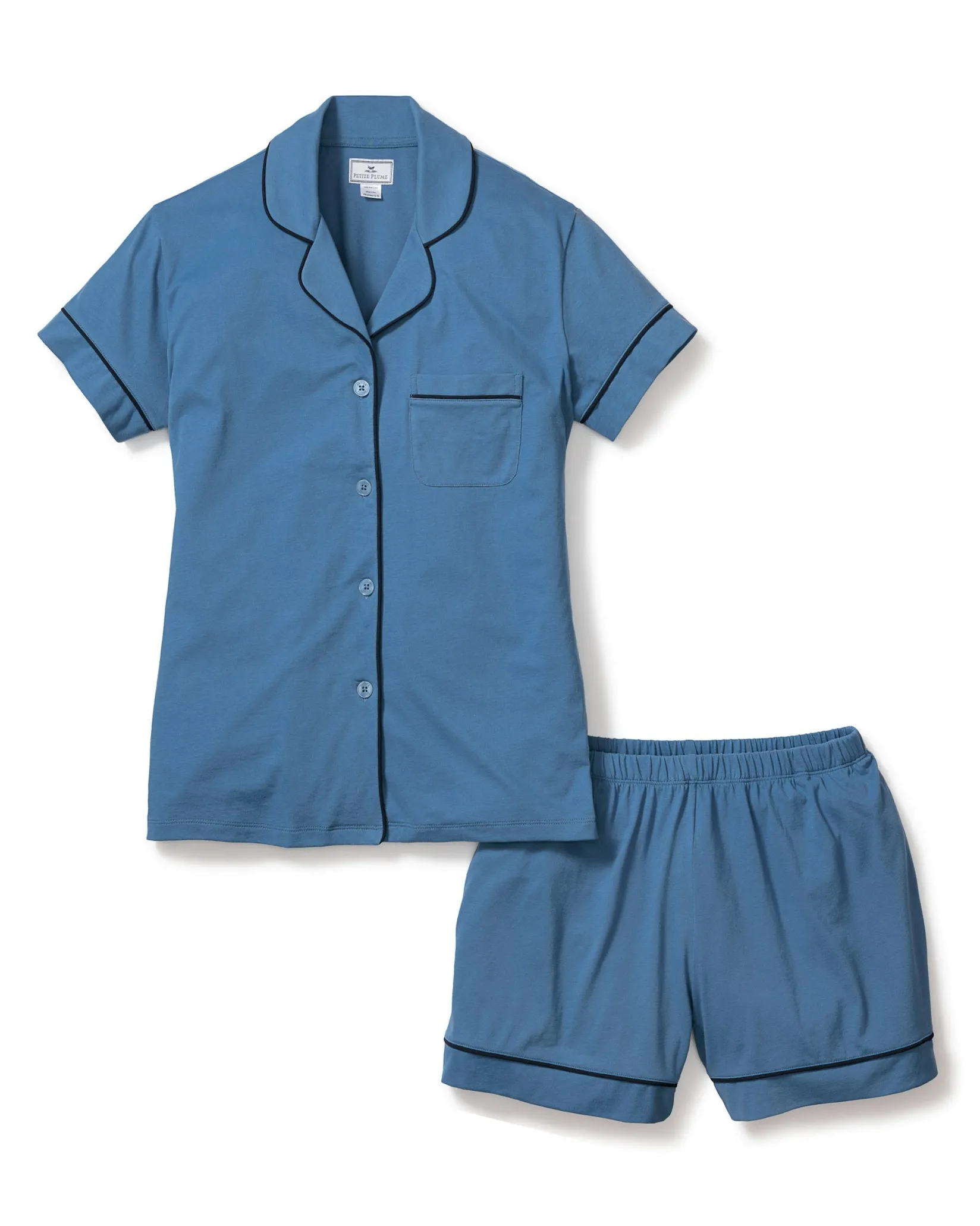 Women Petite Plume Women's Pima Short Sleeve Short Set in White with Navy Piping