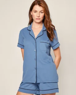 Women Petite Plume Women's Pima Short Sleeve Short Set in White with Navy Piping
