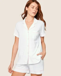 Women Petite Plume Women's Pima Short Sleeve Short Set in White with Pink Piping