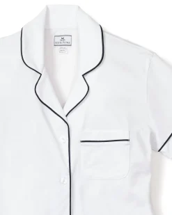 Women Petite Plume Women's Pima Short Sleeve Short Set in White with Pink Piping