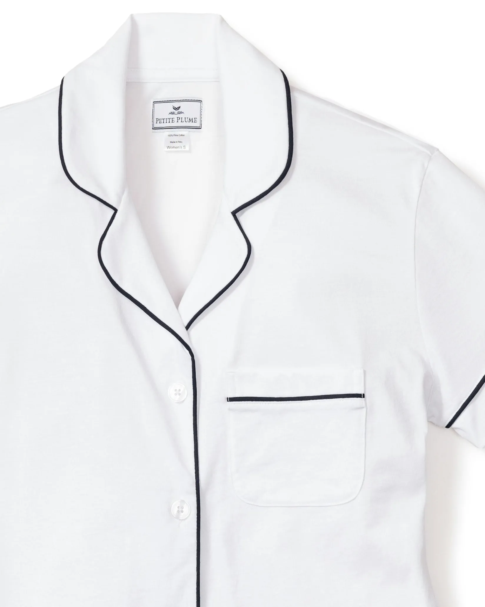 Women Petite Plume Women's Pima Short Sleeve Short Set in White with Pink Piping