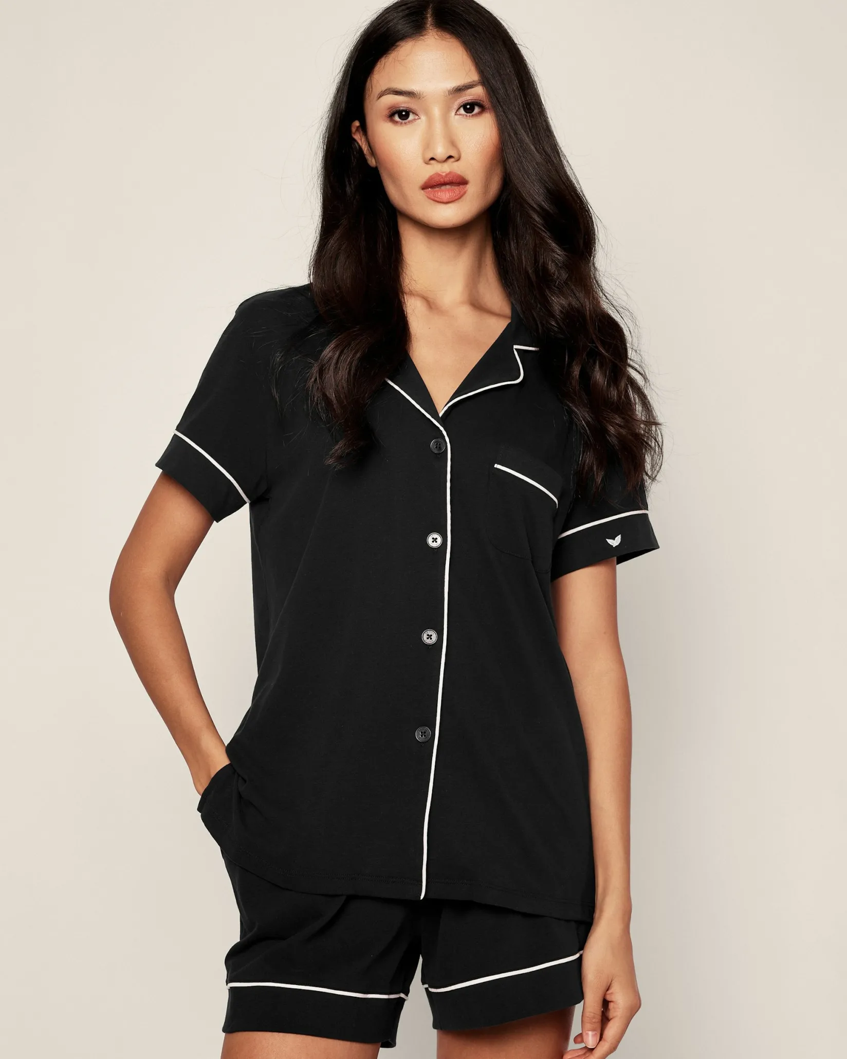 Women Petite Plume Women's Pima Short Sleeve Short Set in Black