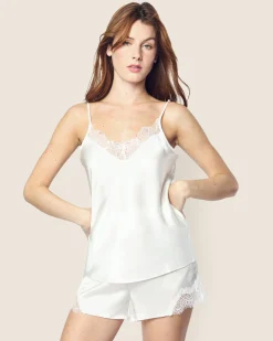 Women Petite Plume Women's Silk Lace Cami Short Set in White