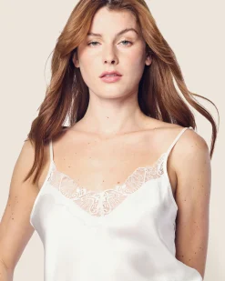 Women Petite Plume Women's Silk Lace Cami Short Set in White
