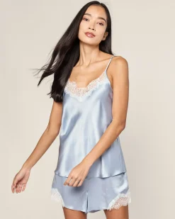 Women Petite Plume Women's Silk Lace Cami Short Set in White
