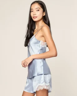 Women Petite Plume Women's Silk Lace Cami Short Set in Periwinkle