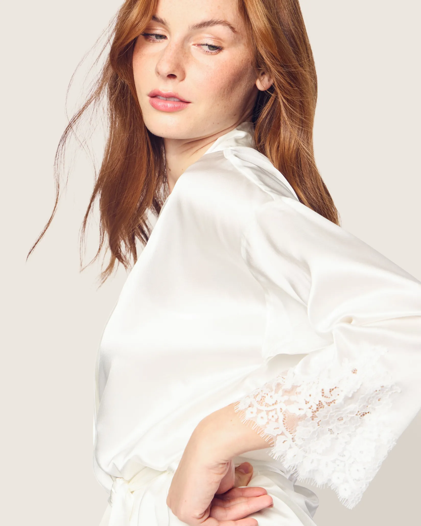 Women Petite Plume Women's Silk Lace Robe in White